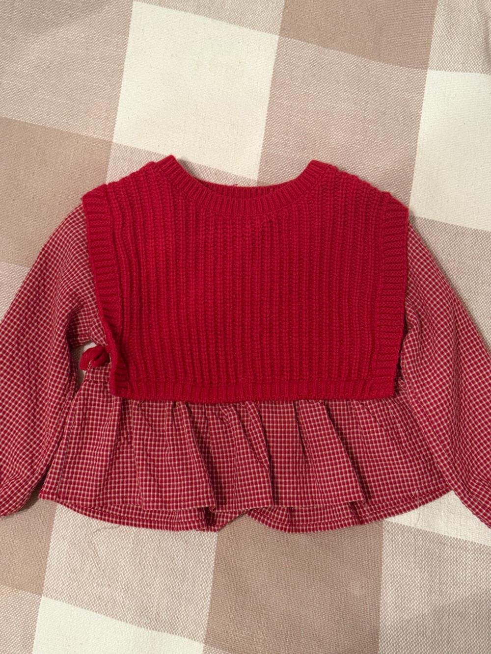Zara Red Knit Vest Layered Top with Checked Peplum